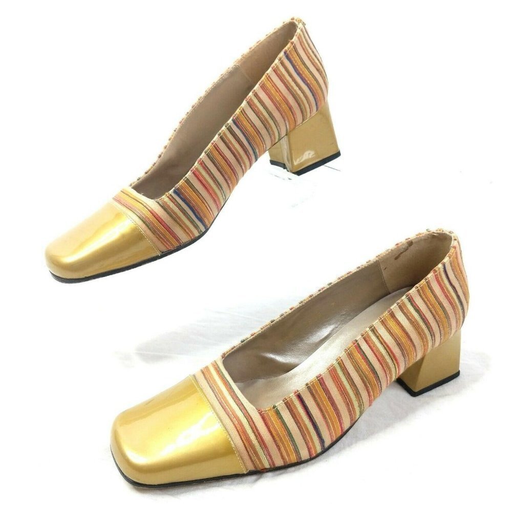 Vintage Images Heels Pumps Womens 7β Gold Multicolor Mod Glam Preppy Academia